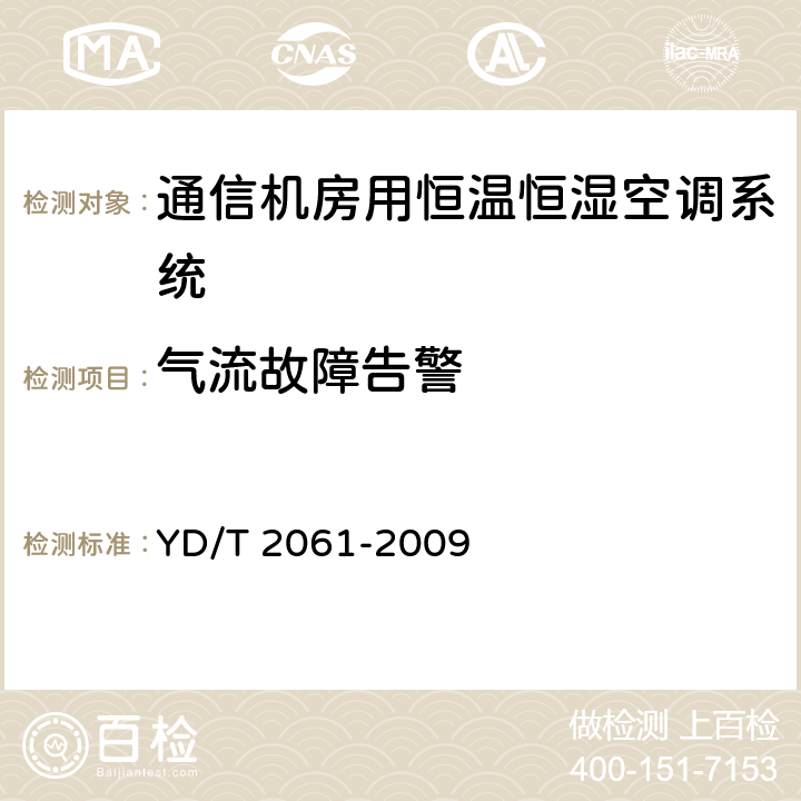 气流故障告警 通信机房用恒温恒湿空调系统 YD/T 2061-2009 Cl.5.8