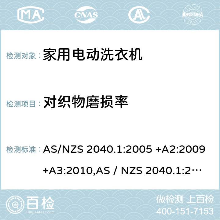 对织物磨损率 家用电动洗衣机性能第1部分：测量方法-性能，能源和水消费 AS/NZS 2040.1:2005 +A2:2009+A3:2010,AS / NZS 2040.1:2021 附录G