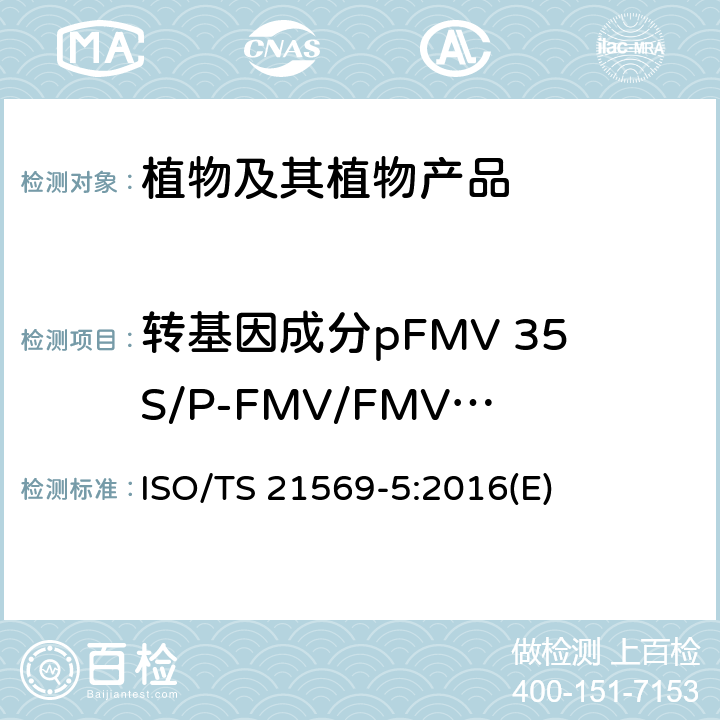 转基因成分pFMV 35S/P-FMV/FMV35S基因 分子水平方法生物标志物分析—方法分析检测转基因生物和派生产品-第5部分：基于实时PCR的筛选FMV的检测方法启动子（P-FMV）DNA序列 ISO/TS 21569-5:2016(E)