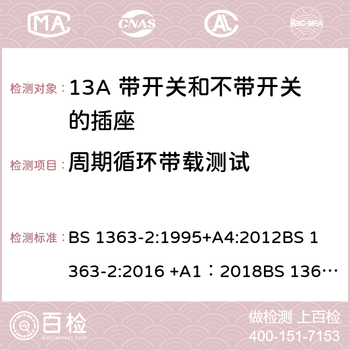 周期循环带载测试 13A插头、插座、转换器和连接单元 第2部分 13A 带开关和不带开关的插座的规范 BS 1363-2:1995+A4:2012
BS 1363-2:2016 +A1：2018
BS 1363-3:1995+A4:2012
BS 1363-3:2016 +A1：2018
SS 145-2: 2010
SS 145-2:2018 27