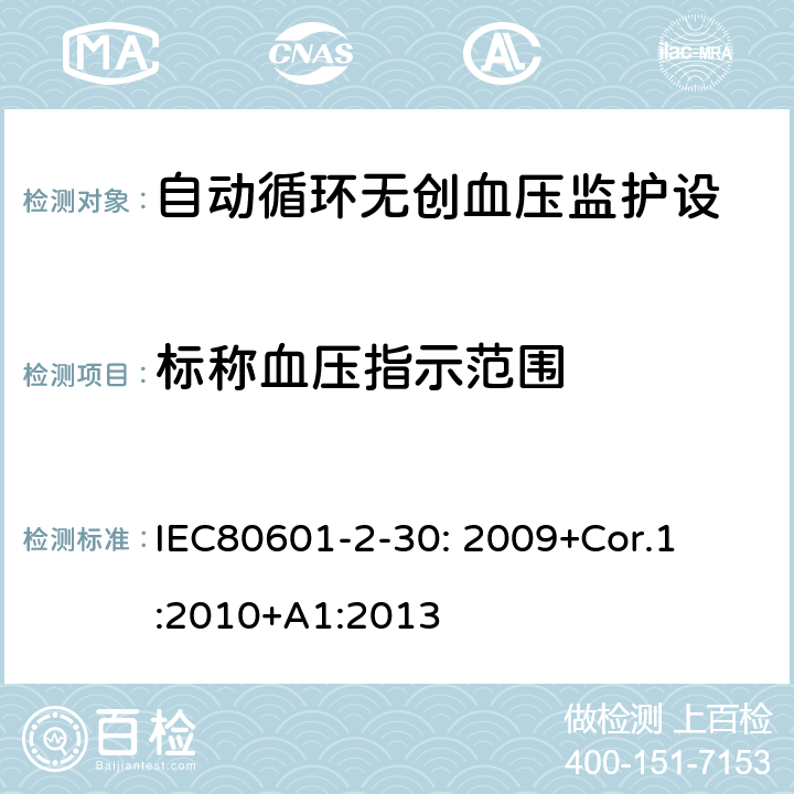 标称血压指示范围 医用电气设备 第2-30部分:自动循环无创血压监护设备的安全和基本性能专用要求 

IEC80601-2-30: 2009+Cor.1:2010+A1:2013 201.12.1.103
