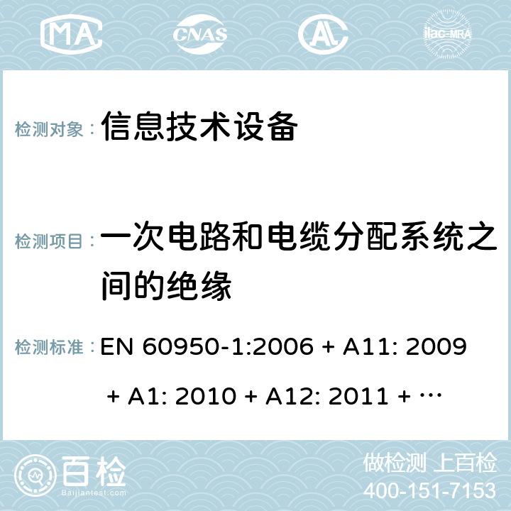 一次电路和电缆分配系统之间的绝缘 信息技术设备的安全 EN 60950-1:2006 + A11: 2009 + A1: 2010 + A12: 2011 + A2: 2013 7.4