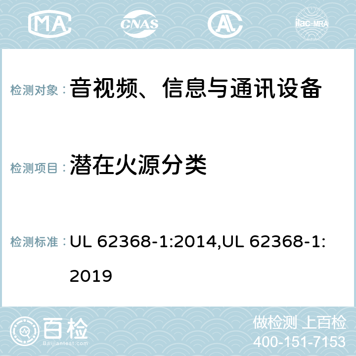 潜在火源分类 UL 62368-1 音视频、信息与通讯设备1部分:安全 :2014,:2019 6.2.3