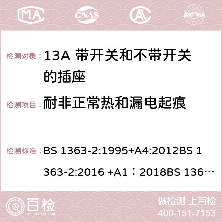 耐非正常热和漏电起痕 13A插头、插座、转换器和连接单元 第2部分 13A 带开关和不带开关的插座的规范 BS 1363-2:1995+A4:2012
BS 1363-2:2016 +A1：2018
BS 1363-3:1995+A4:2012
BS 1363-3:2016 +A1：2018
SS 145-2: 2010
SS 145-2:2018 23