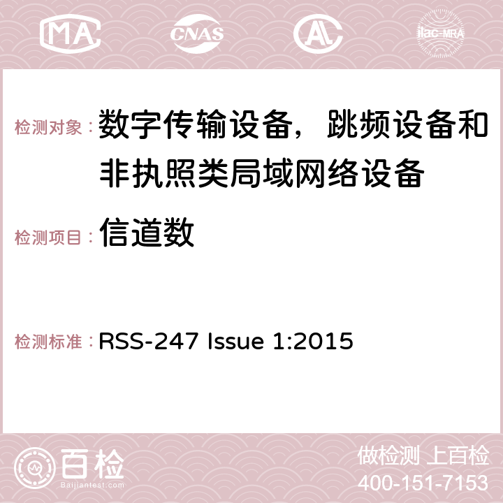 信道数 数字传输设备，跳频设备和非执照类局域网络设备 RSS-247 Issue 1:2015 5.1