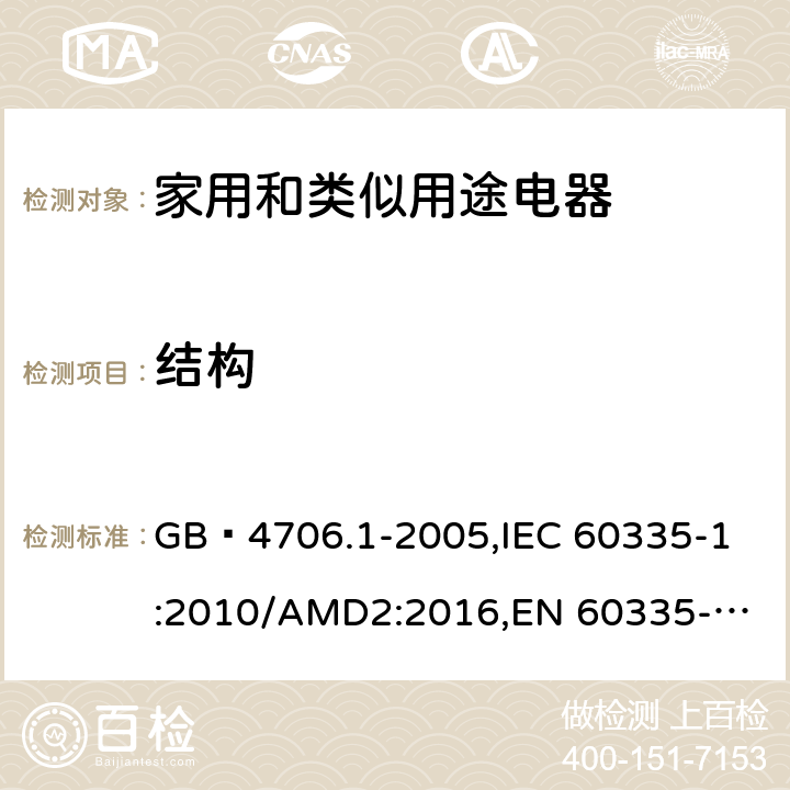 结构 家用和类似用途电器的安全 第1部分:通用要求 GB 4706.1-2005,
IEC 60335-1:2010/AMD2:2016,
EN 60335-1:2012/A13:2017,
EN 60335-1:2012/A1:2019,J60335-1(H27),JIS C 9335-1:2014 22