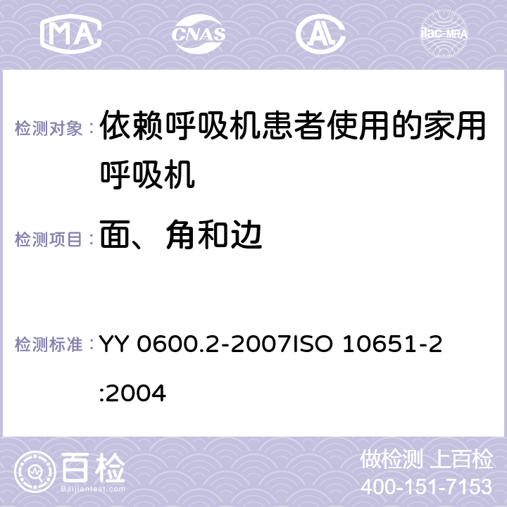 面、角和边 医用呼吸机 基本安全要求和主要性能专用要求 第2部分：依赖呼吸机患者使用的家用呼吸机 
YY 0600.2-2007
ISO 10651-2:2004 23