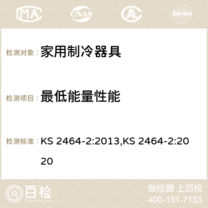 最低能量性能 KS 2464-2:2013,KS 2464-2:2020 家用电器的性能.制冷器具.第2部分：标准要求  附录A