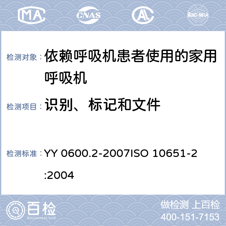 识别、标记和文件 医用呼吸机 基本安全要求和主要性能专用要求 第2部分：依赖呼吸机患者使用的家用呼吸机 
YY 0600.2-2007
ISO 10651-2:2004 6