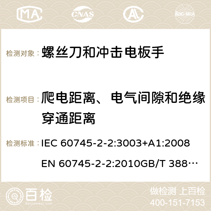 爬电距离、电气间隙和绝缘穿通距离 手持式电动工具的安全 第2部分：螺丝刀和冲击扳手的专用要求 IEC 60745-2-2:3003+A1:2008
EN 60745-2-2:2010
GB/T 3883.2-2012
AS/NZS 60745.2.2-2009 28