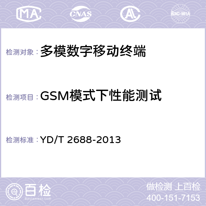 GSM模式下性能测试 《LTE/CDMA/WCDMA/GSM(GPRS)多模终端设备（单卡槽）技术要求及测试方法》 YD/T 2688-2013 6.3