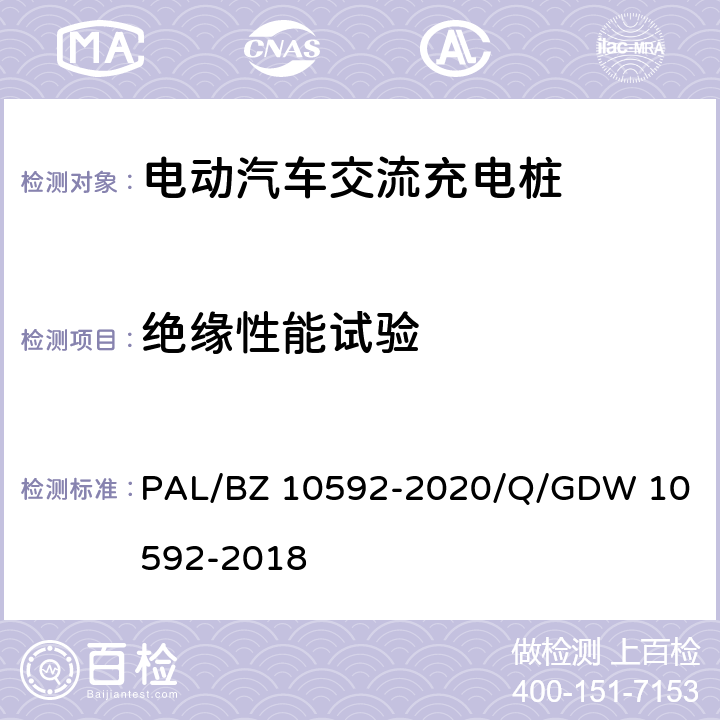 绝缘性能试验 电动汽车交流充电桩检验技术规范 
PAL/BZ 10592-2020/Q/GDW 10592-2018 5.7