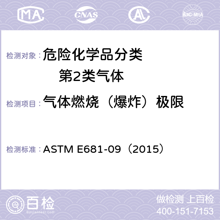 气体燃烧（爆炸）极限 化学品(蒸汽和气体)爆炸极限标准测试方法 ASTM E681-09（2015）