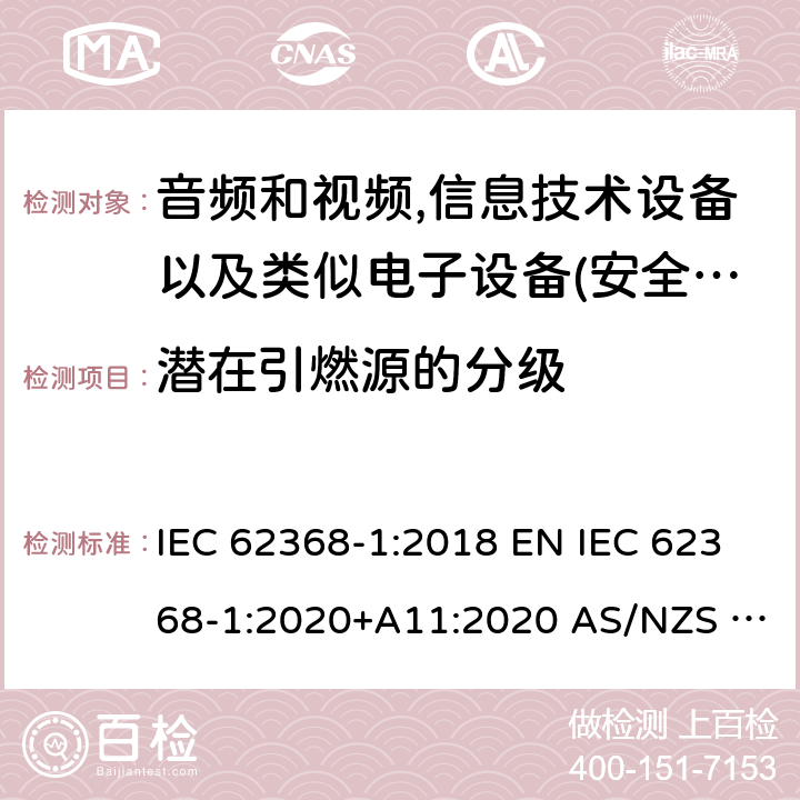 潜在引燃源的分级 音频、视频、信息和通信技术设备第1部分:安全要求 IEC 62368-1:2018 EN IEC 62368-1:2020+A11:2020 AS/NZS 62368.1:2018 UL 62368-1:2019 6.2.3