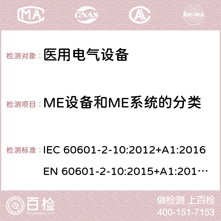 ME设备和ME系统的分类 医用电气设备 - 2-10部分：神经和肌肉刺激器基本安全性和基本性能的特殊要求 IEC 60601-2-10:2012+A1:2016
EN 60601-2-10:2015+A1:2016
AS 60601.2.10:2018 201.6