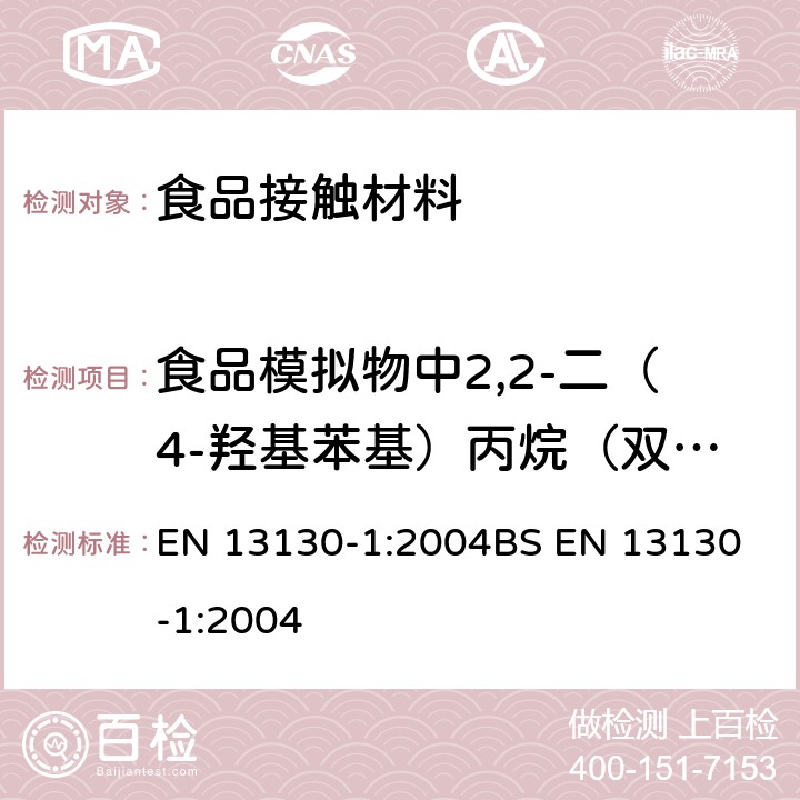 食品模拟物中2,2-二（4-羟基苯基）丙烷（双酚A）的特殊迁移 食品接触材料-塑料物质的限定-第一部分 测试由塑料迁移至食品中和食品模拟液中的特定迁移方法及条件的选择 EN 13130-1:2004
BS EN 13130-1:2004