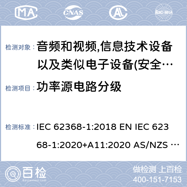 功率源电路分级 音频、视频、信息和通信技术设备第1部分:安全要求 IEC 62368-1:2018 EN IEC 62368-1:2020+A11:2020 AS/NZS 62368.1:2018 UL 62368-1:2019 6.2.2