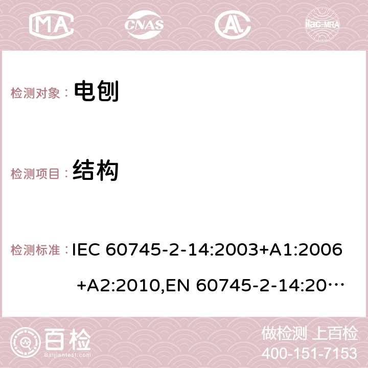 结构 手持式电动工具的安全 第二部分：电刨的专用要求 IEC 60745-2-14:2003+A1:2006 +A2:2010,EN 60745-2-14:2009+A2:2010 21