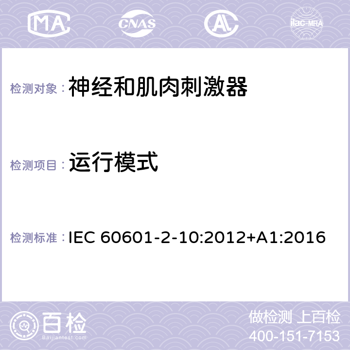 运行模式 医用电气设备 第2-10部分：神经和肌肉刺激器的基本安全和基本性能专用要求 IEC 60601-2-10:2012+A1:2016 201.6.6