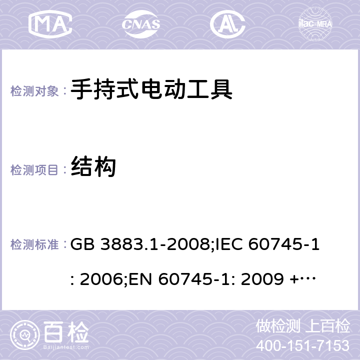 结构 手持式电动工具的安全第一部分 通用要求 GB 3883.1-2008;
IEC 60745-1: 2006;
EN 60745-1: 2009 + A11: 2010 
AS/NZS 60745.1:2009 21