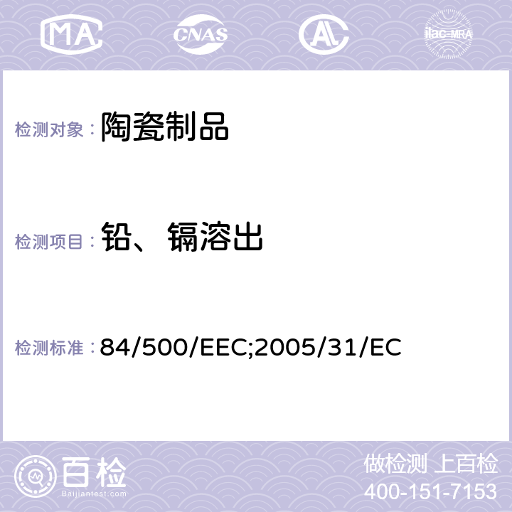 铅、镉溶出 84/500/EEC 接触食品的陶瓷制品 ;
2005/31/EC