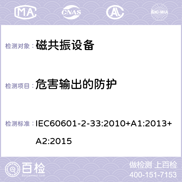 危害输出的防护 医用电气设备 第2-33 部分：医疗诊断用磁共振设备基本性能和基本安全专用要求 IEC60601-2-33:2010+A1:2013+A2:2015 条款201.12.4