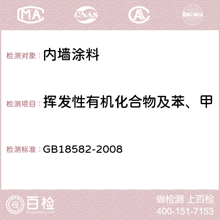 挥发性有机化合物及苯、甲苯、乙苯、二甲苯总和含量 《室内装饰装修材料内墙涂料中有害物质限量》 GB18582-2008 （附录A）