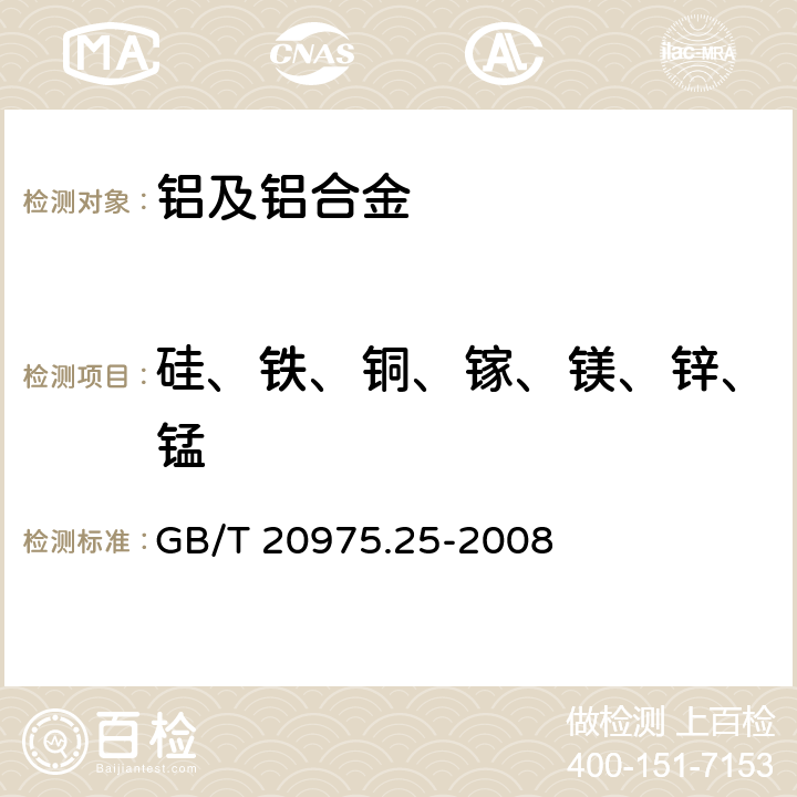 硅、铁、铜、镓、镁、锌、锰 铝及铝合金化学分析方法第25部分：电感耦合等离子体原子发射光谱法 GB/T 20975.25-2008