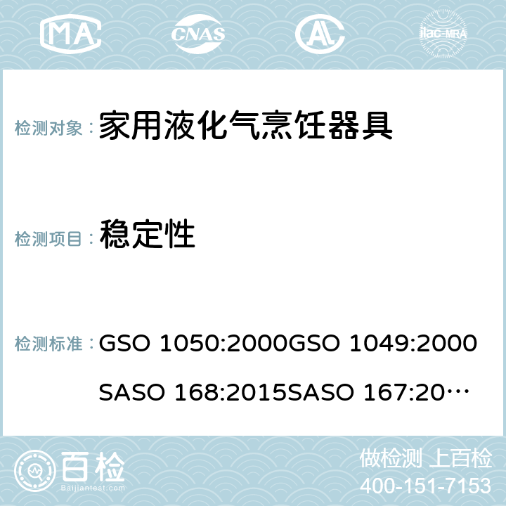 稳定性 GSO 105 阿联酋标准: 沙特标准: 家用液化气烹饪器具家用液化气烹饪器具-测试方法 0:2000
GSO 1049:2000
SASO 168:2015
SASO 167:2015 6