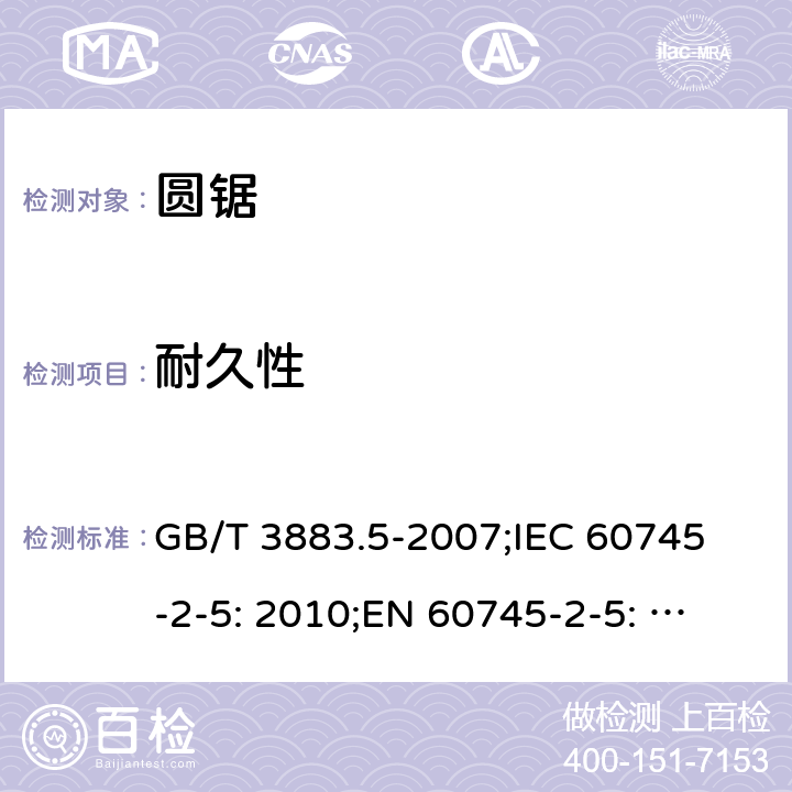 耐久性 手持式电动工具的安全 第二部分: 圆锯的专用要求 GB/T 3883.5-2007;
IEC 60745-2-5: 2010;
EN 60745-2-5: 2010
AS/NZS 60745.2.5:2012 17