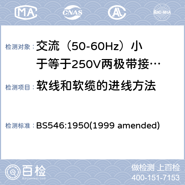 软线和软缆的进线方法 BS 546:19501999 交流（50-60Hz）小于等于250V两极带接地销插头、插座和插座适配器 BS546:1950(1999 amended) 18