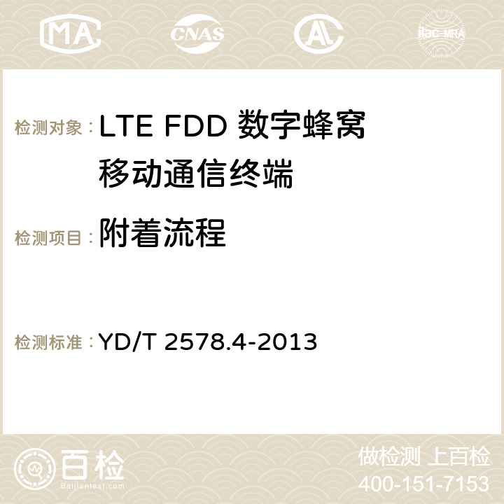 附着流程 LTE FDD数字蜂窝移动通信网 终端设备测试方法（第一阶段）第4部分：协议一致性测试 YD/T 2578.4-2013 10.2.1