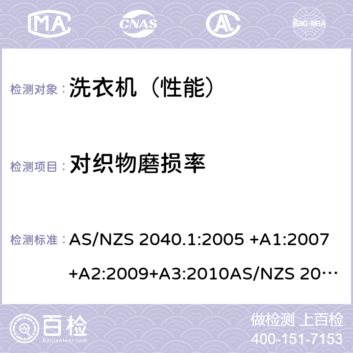 对织物磨损率 家用洗衣机-性能测量方法第2部分：能源标签要求 AS/NZS 2040.1:2005 +A1:2007+A2:2009+A3:2010
AS/NZS 2040.2:2005+A1:2012