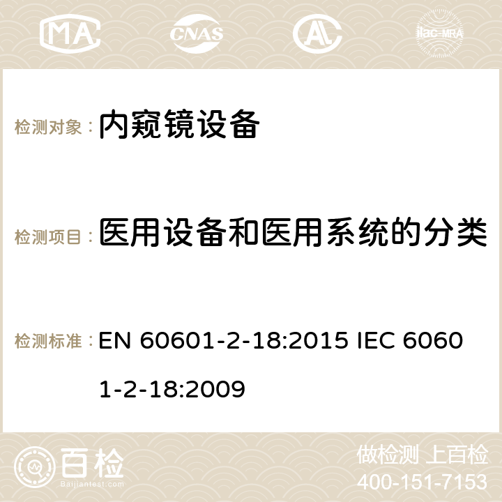 医用设备和医用系统的分类 EN 60601 医用电气设备 第2-18部分：内窥镜设备安全专用要求 -2-18:2015 IEC 60601-2-18:2009 201.6