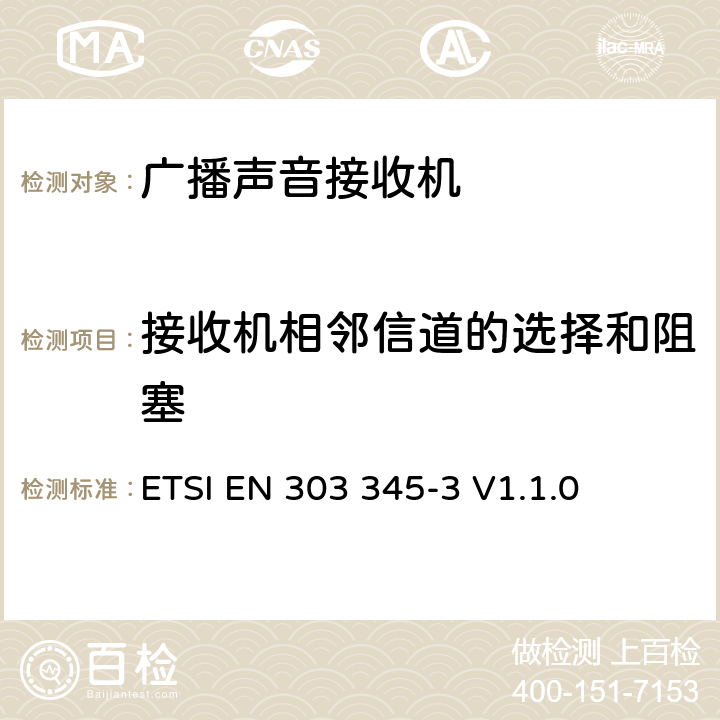 接收机相邻信道的选择和阻塞 广播声音接收机；第3部分：FM广播声音服务；无线电频谱协调统一标准 ETSI EN 303 345-3 V1.1.0 4.3