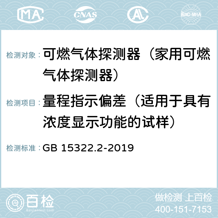 量程指示偏差（适用于具有浓度显示功能的试样） 可燃气体探测器第2部分:家用可燃气体探测器 GB 15322.2-2019 4.4