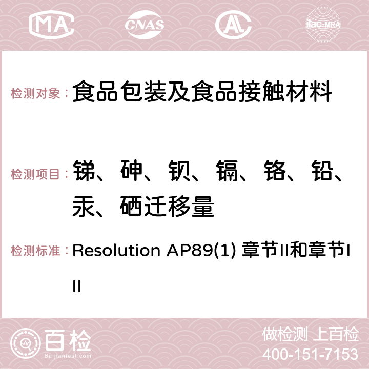 锑、砷、钡、镉、铬、铅、汞、硒迁移量 Resolution AP89(1) 章节II和章节III 欧盟关于与食物接触塑料产品中着色剂的决议 Resolution AP89(1) 章节II和章节III