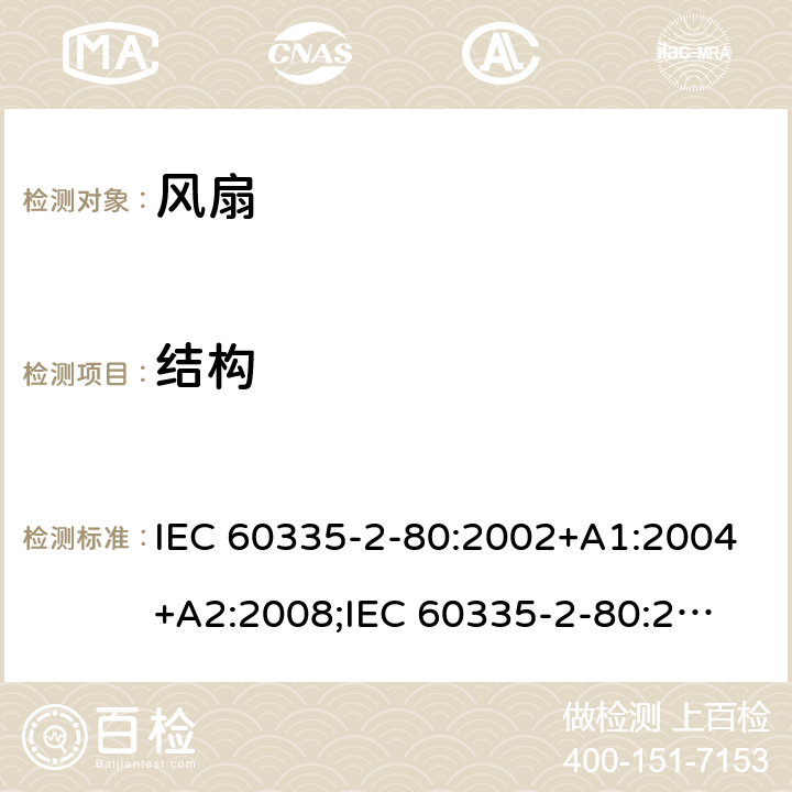 结构 家用和类似用途电器的安全　第2部分：风扇的特殊要求 IEC 60335-2-80:2002+A1:2004+A2:2008;
IEC 60335-2-80:2015; 
EN 60335-2-80:2003+A1:2004+A2:2009;
GB 4706.27-2008;
AS/NZS 60335.2.80:2004+A1:2009;
AS/NZS 60335.2.80:2016 22