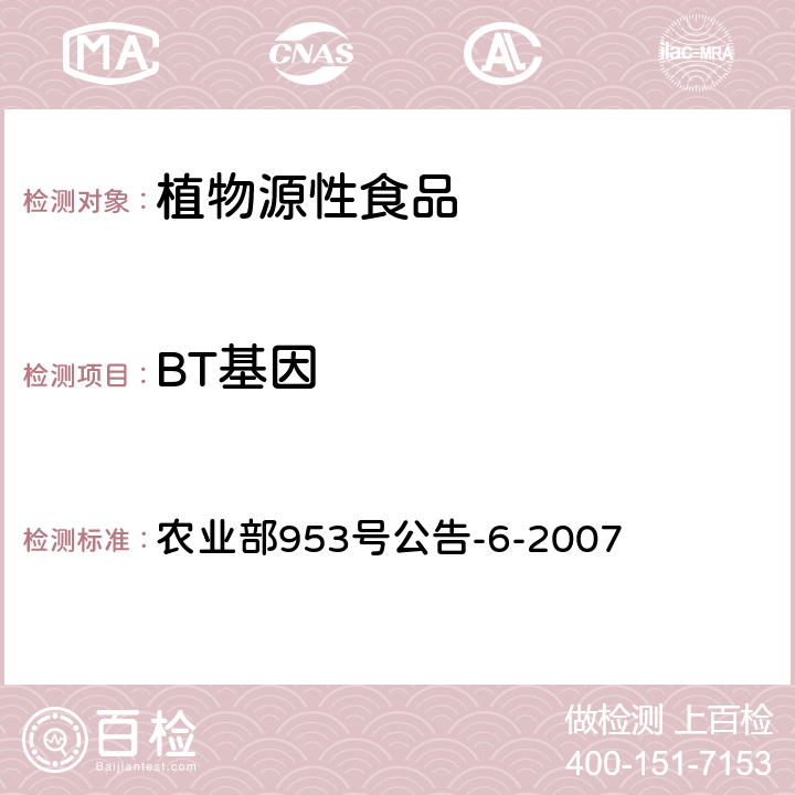 BT基因 转基因植物及其产品成分检测抗虫转Bt基因水稻定性PCR方法 农业部953号公告-6-2007