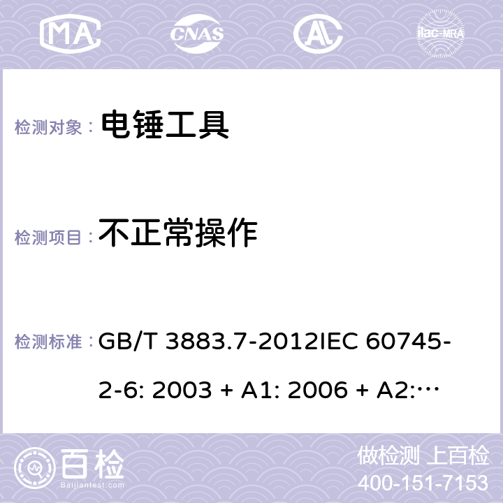 不正常操作 手持式電動工具的安全 第2 部分: 電錘工具的專用要求 GB/T 3883.7-2012
IEC 60745-2-6: 2003 + A1: 2006 + A2: 2008
EN 60745-2-6: 2010
AS/NZS 60745.2.6:2009 18