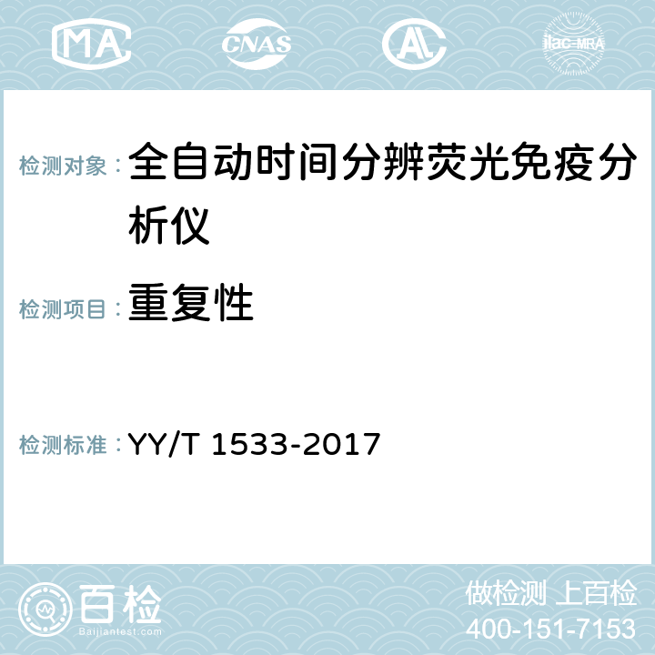 重复性 全自动时间分辨荧光免疫分析仪 YY/T 1533-2017 3.2.3