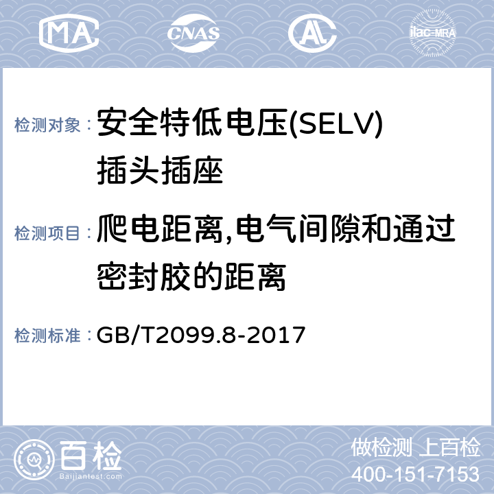 爬电距离,电气间隙和通过密封胶的距离 家用和类似用途插头插座 第2-4部分：安全特低电压(SELV)插头插座的特殊要求 GB/T 2099.8-2017 GB/T2099.8-2017 27