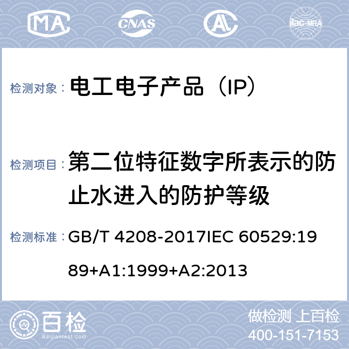 第二位特征数字所表示的防止水进入的防护等级 防护等级(IP代码） GB/T 4208-2017
IEC 60529:1989+A1:1999+A2:2013 6