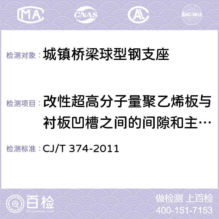 改性超高分子量聚乙烯板与衬板凹槽之间的间隙和主位移方向的准确性 城镇桥梁球型钢支座 CJ/T 374-2011 4.3.1