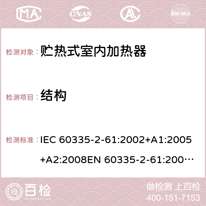 结构 家用和类似用途电器的安全　贮热式室内加热器的特殊要求 IEC 60335-2-61:2002+A1:2005+A2:2008
EN 60335-2-61:2003+A2:2005+A2:2008+A11:2019;
GB 4706.44-2005
AS/NZS60335.2.61:2005+A1:2005+A2:2009 22