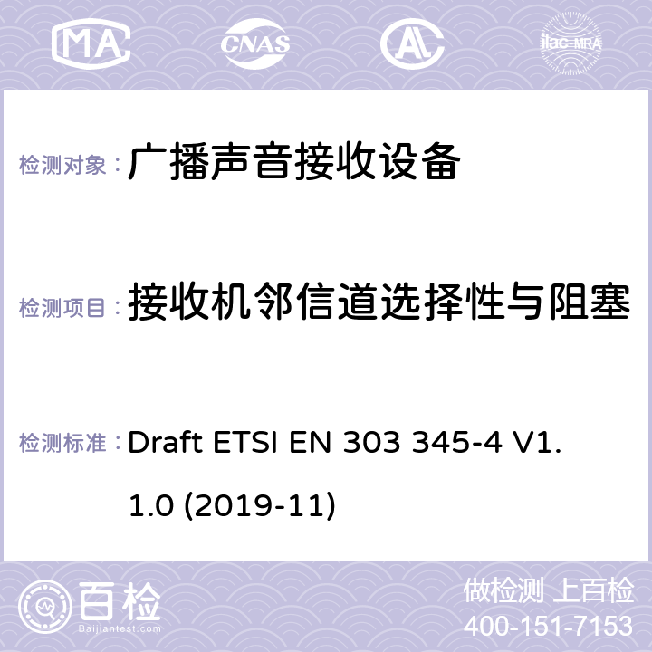 接收机邻信道选择性与阻塞 广播声音接收器；第四部分：数字音频广播业务；无线电频谱接入协调标准 Draft ETSI EN 303 345-4 V1.1.0 (2019-11) 4.3