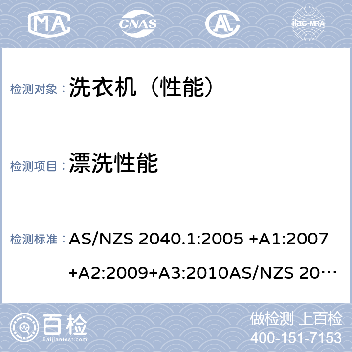 漂洗性能 家用洗衣机-性能测量方法第2部分：能源标签要求 AS/NZS 2040.1:2005 +A1:2007+A2:2009+A3:2010
AS/NZS 2040.2:2005+A1:2012