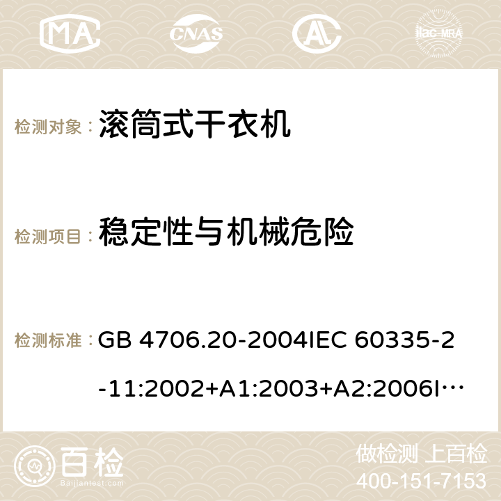 稳定性与机械危险 家用和类似用途电器的安全滚筒式干衣机的特殊要求 GB 4706.20-2004
IEC 60335-2-11:2002+A1:2003+A2:2006
IEC 60335-2-11:2008+A1:2012+A2:2015
EN 60335-2-11:2010+A11:2012+A1:2015 20