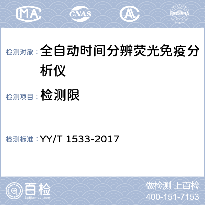 检测限 全自动时间分辨荧光免疫分析仪 YY/T 1533-2017 3.2.1