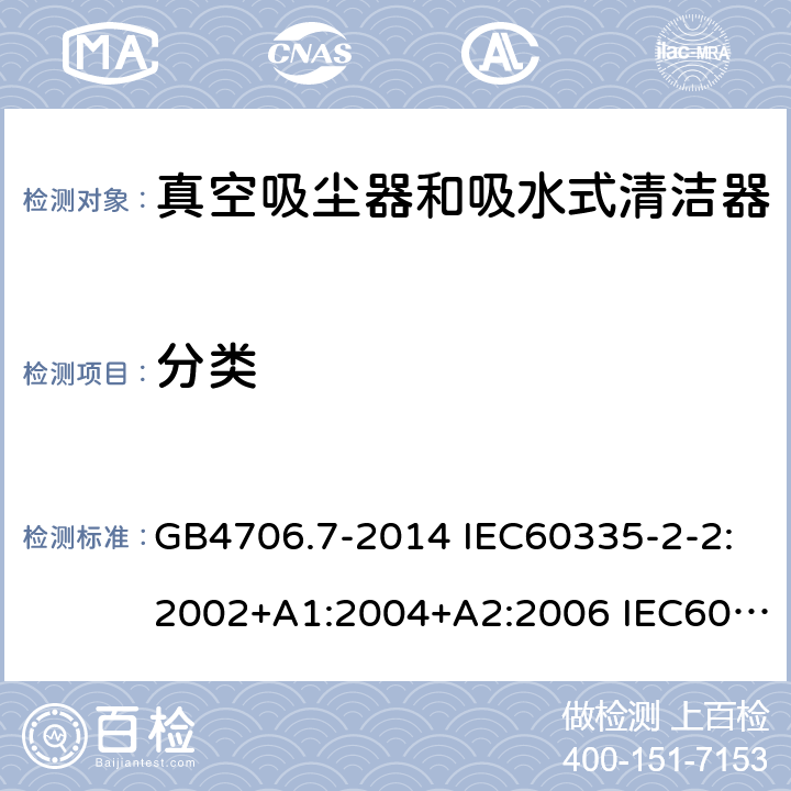 分类 家用和类似用途电器的安全 真空吸尘器和吸水式清洁器的特殊要求 GB4706.7-2014 IEC60335-2-2:2002+A1:2004+A2:2006 IEC60335-2-2:2009+A1:2012+A2:2016 IEC60335-2-2:2019 EN60335-2-2:2003+A1:2004+A2:2006 EN60335-2-2:2010+A11:2012+A1:2013 AS/NZS 60335.2.2:2010+A1:2011+A2:2014+A3:2015+A4:2017 6